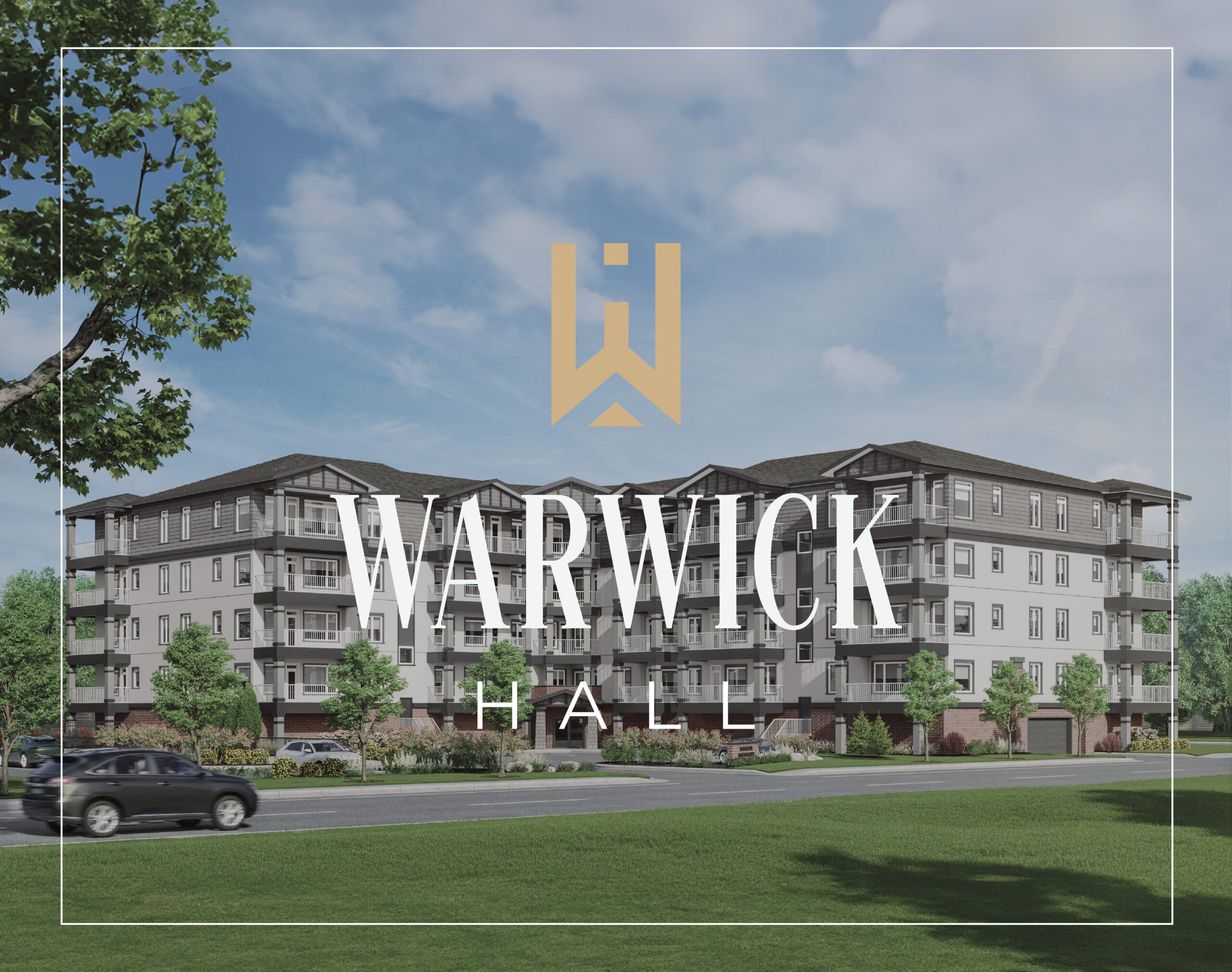 A rendering of a building with the words warwick hall.