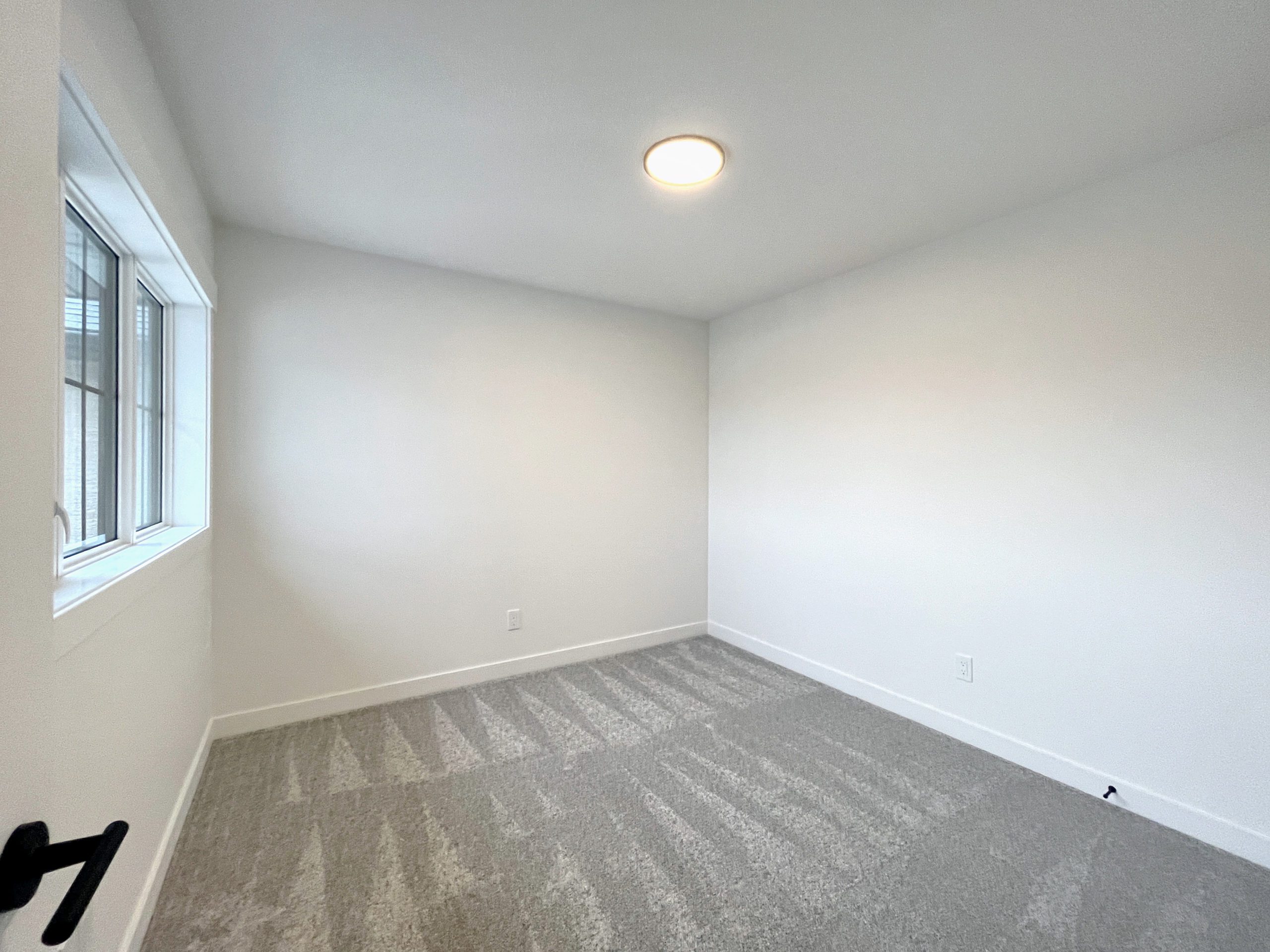An empty room with a flat profile ceiling fixture with a carpeted floor.
