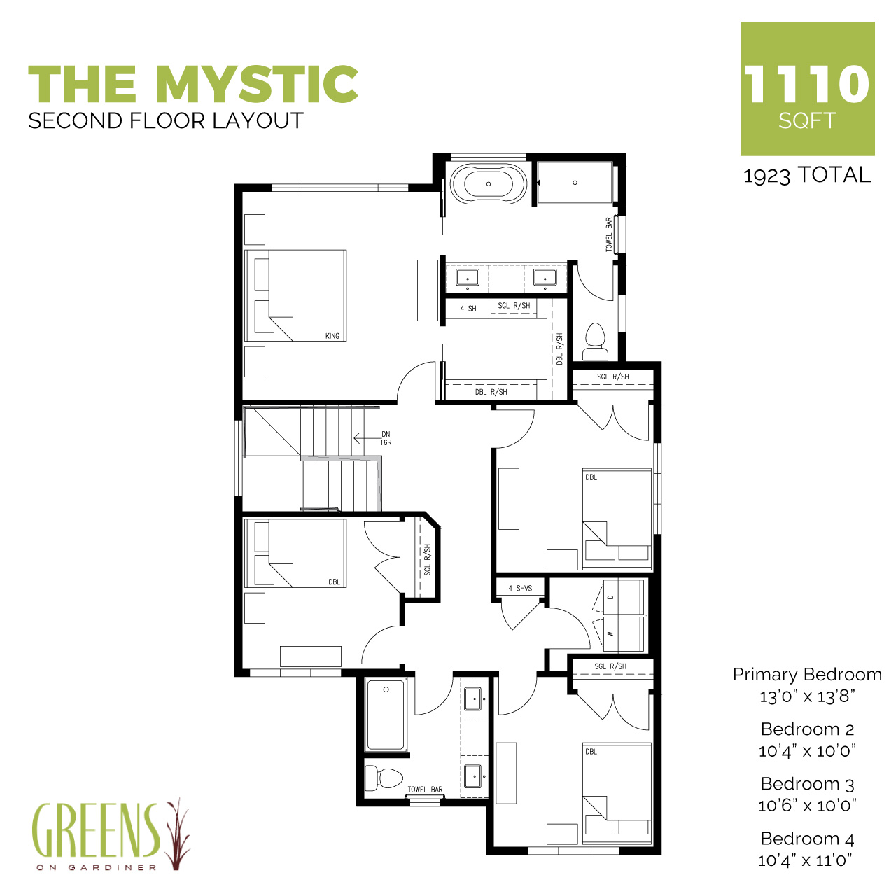 A second floor layout showing 4 bedrooms, two bathrooms and upstairs laundry.