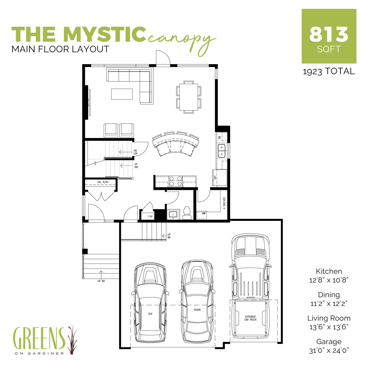 A main floor layout showing an open concept floor plan with kitchen, dining and living with a powder room and triple-car garage.