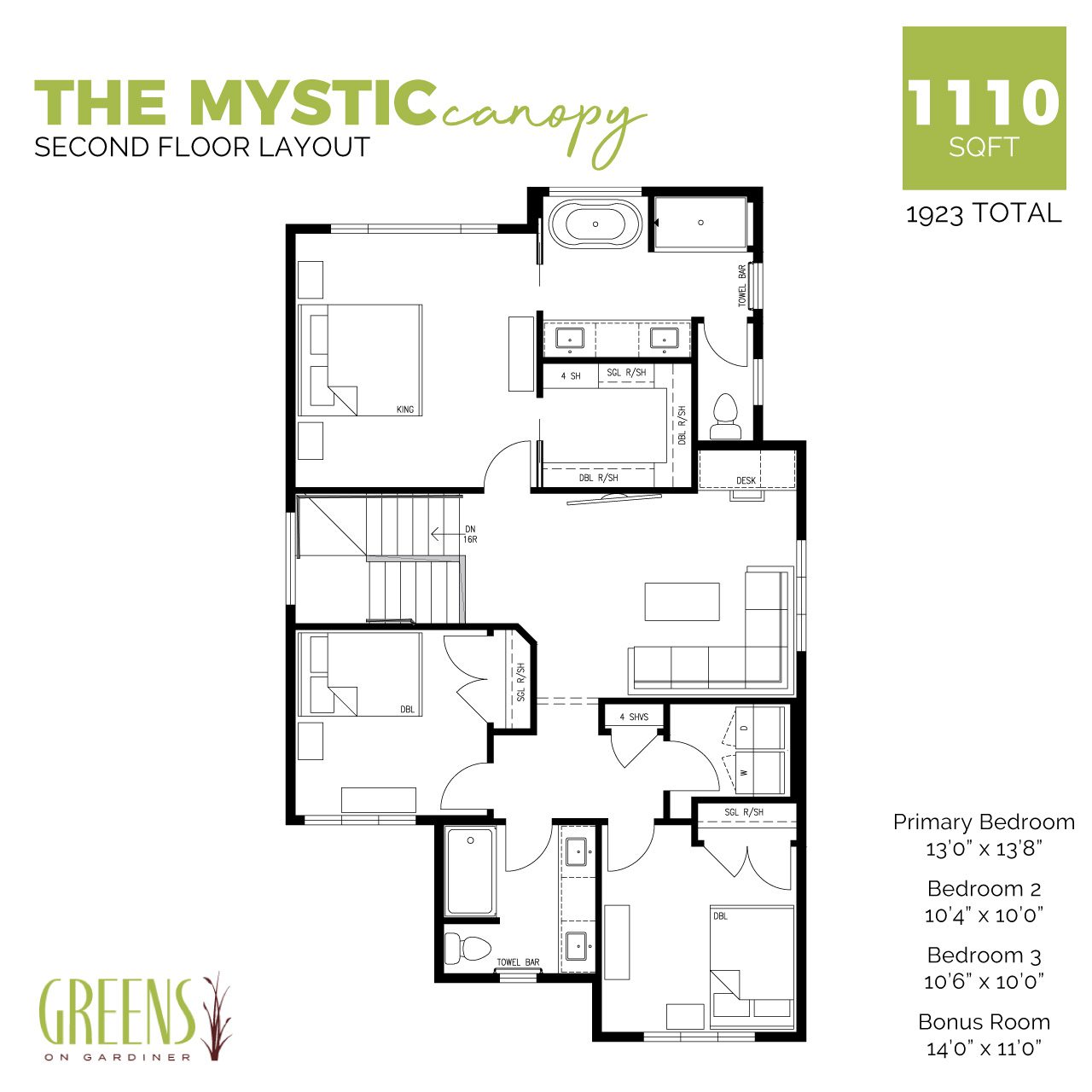 A second floor layout showing three bedrooms, two bathrooms, upstairs laundry, and bonus room.