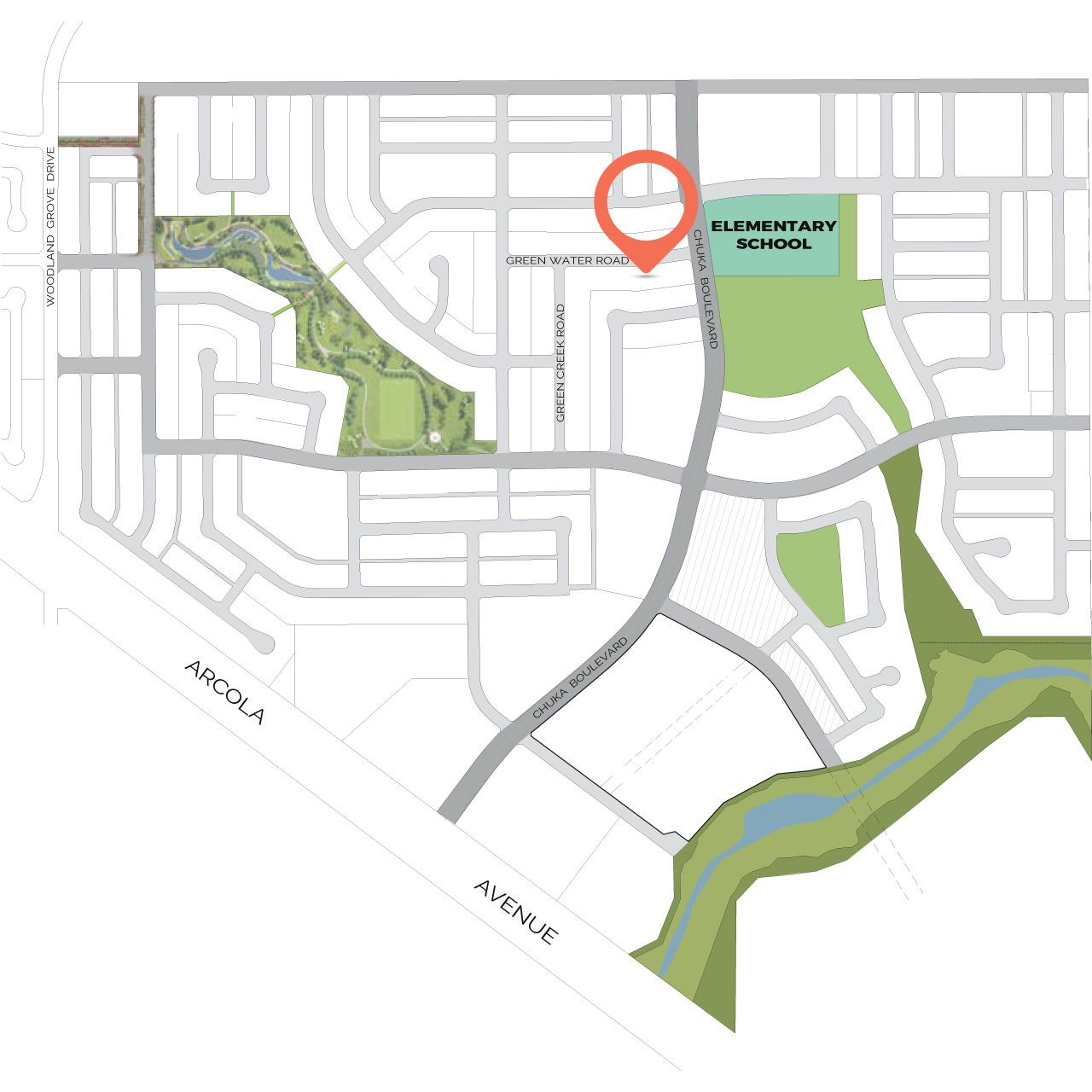 A map of the Greens neighbourhood with a red marker showing the home's proximity to a large park and elementary school.
