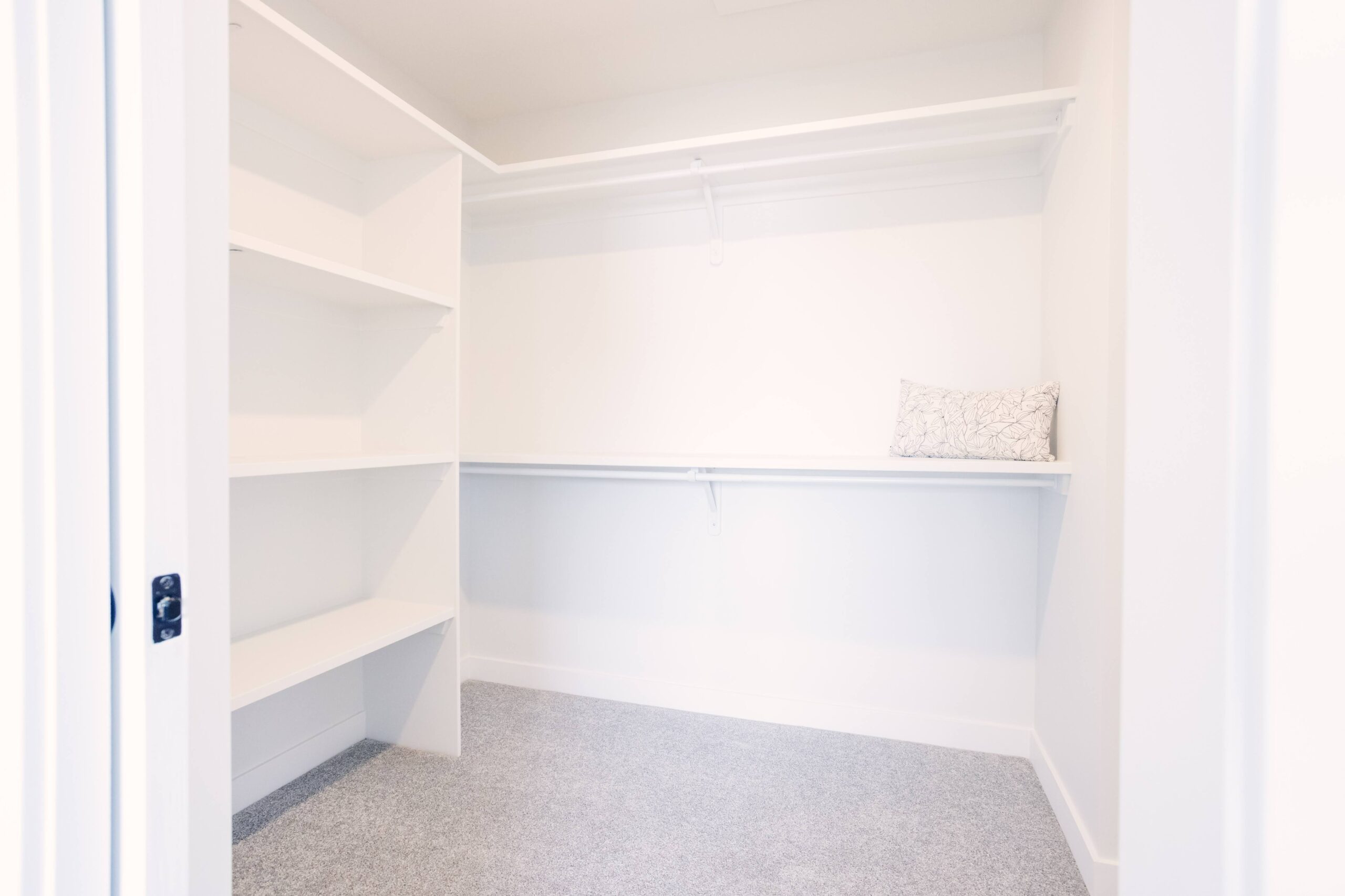 A white closet with shelves and a door.