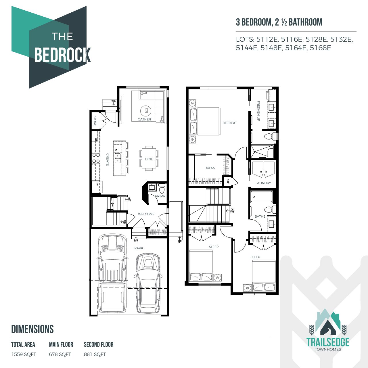 Shows the floor plan layout on the main level, it shows an open concept main floor with kitchen, dining, living with side entry and powder room and attached double car garage. On the second level, it shows a 3 bedroom plan with two bathrooms and upstairs laundry.