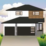 A drawing of a modern two storey house with white stucco, warm wood siding, stacked grey stone, black windows and trim.