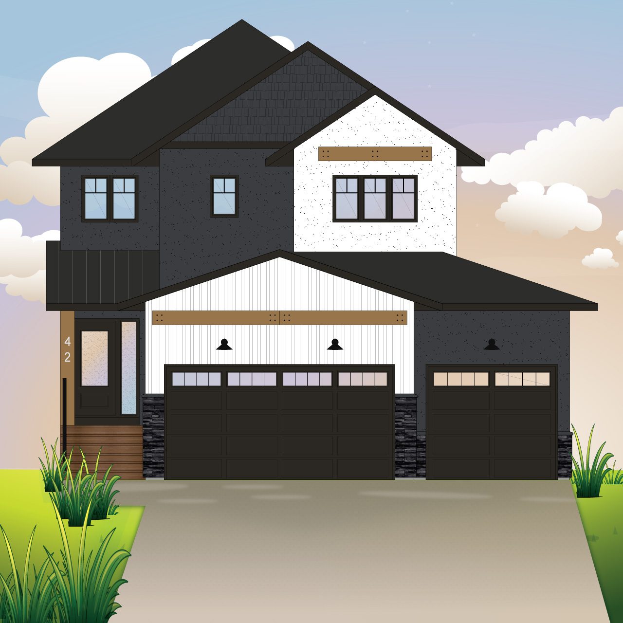 A drawing of a modern farmhouse elevation of a two storey house with triple car garage, black stacked stone, dark grey and white stucco, white siding with natural wooden beam above double garage door, black trim and windows.