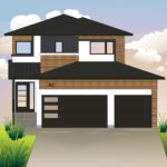 A drawing of a two storey house with a modern elevation with grey and white stucco, wooden siding accents, black windows and trim with a triple-car garage.