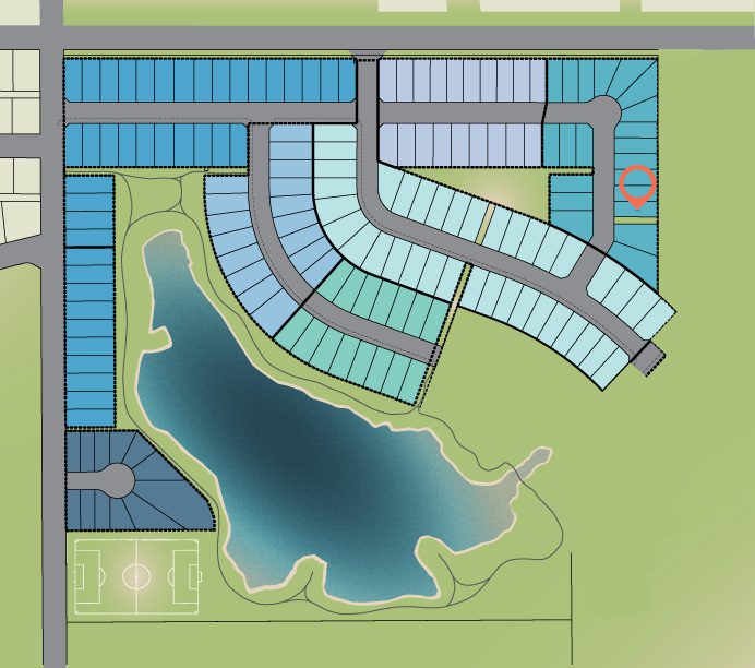A neighbourhood plan showing a park with a lake and a red pin showing the homes location in a crescent within the neighbourhood.