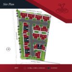 Ventura Site Plan, showing 26 bungalow condominiums and 8 two-storey condomiums with attached double-car garages backing an environmental reserve and single family dwellings on the corner of Arens road and George Street in Eastbrook Regina