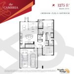 The Cambria Bungalow floor plan shows an open floor plan with large primary bedroom and two ensuite bathrooms as well as a flex office, bedroom or den space.