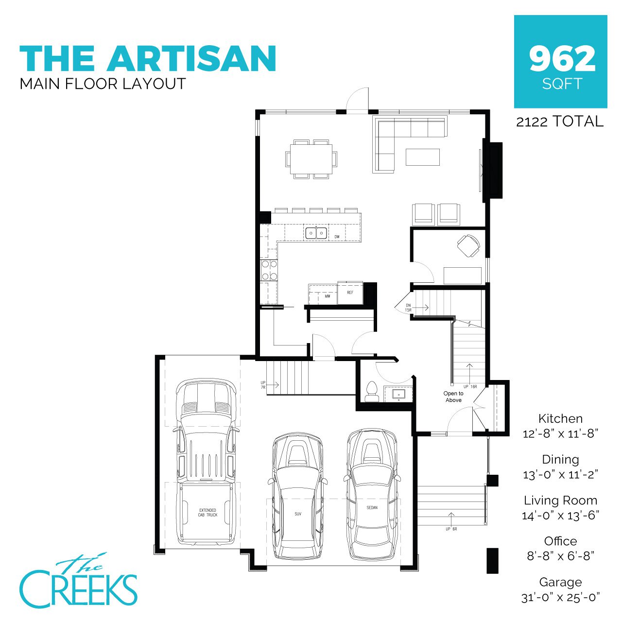 A floor plan for the main level showing an open concept layout with a peninsula kitchen, dining and living room includes and office, pantry, main floor powder room and mudroom with an attached triple-car garage.
