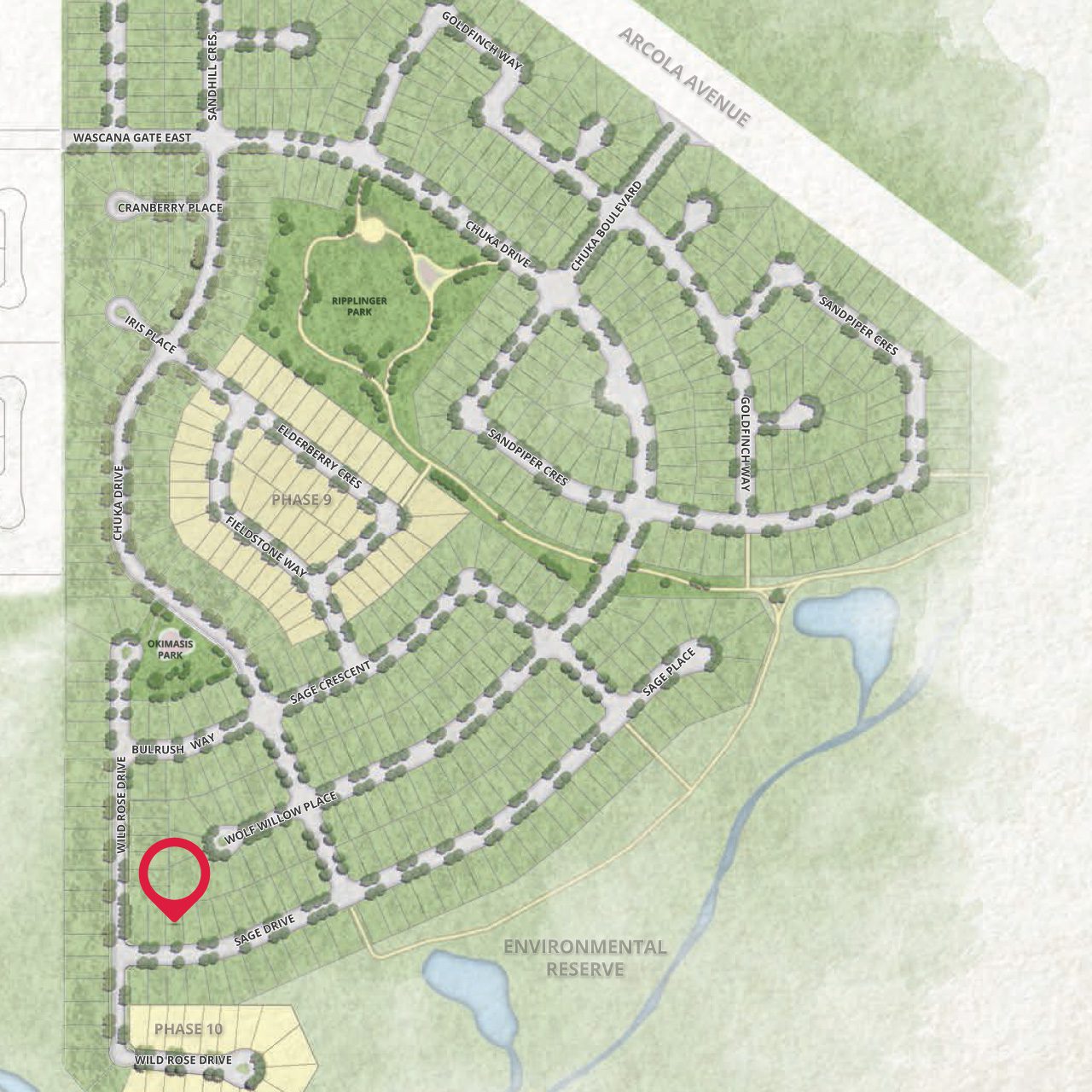 The site plan for the Creeks neighbourhood development with a red pin showing the homes location in the neighbourhood.