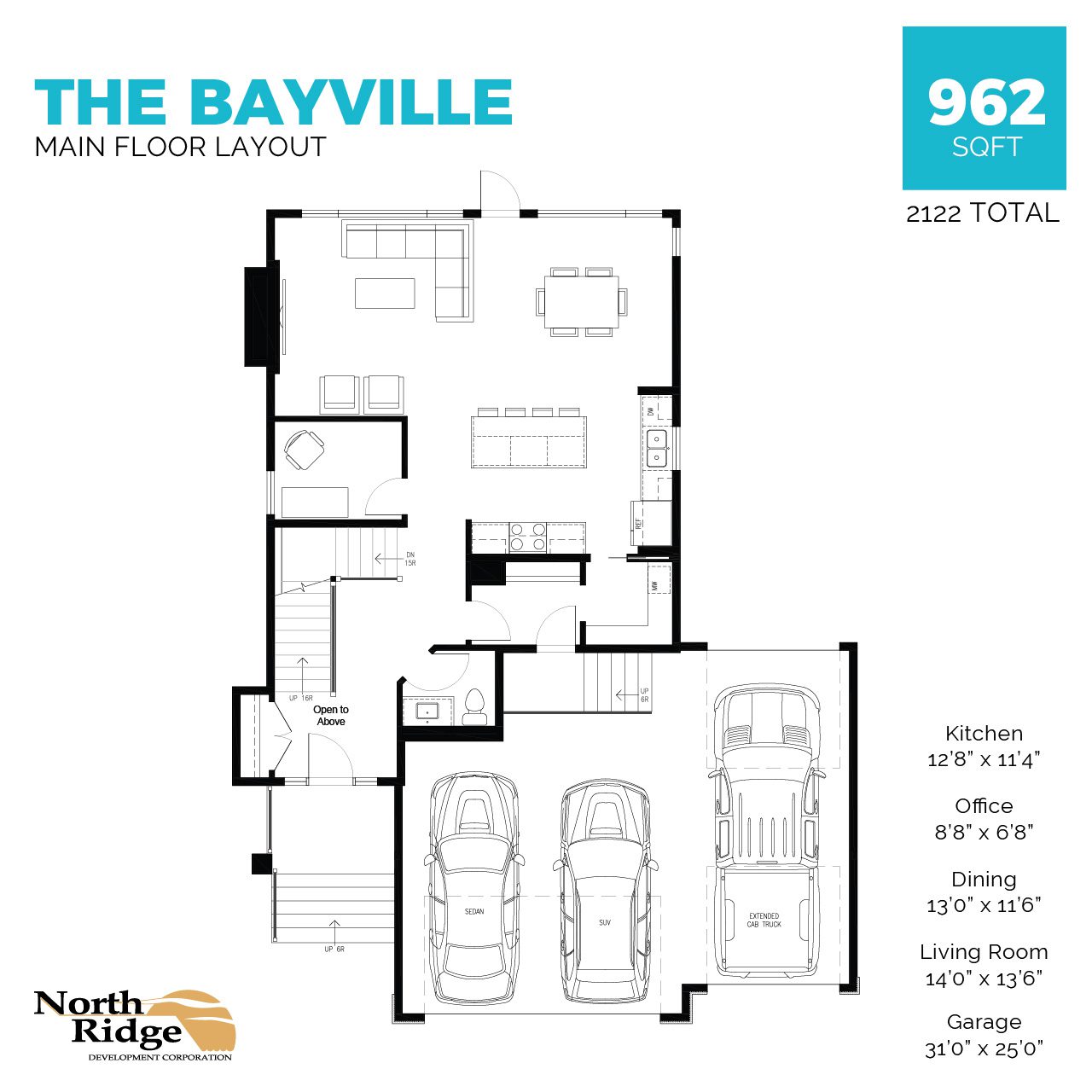Shows main floor layout with open concept floorplan with kitchen, dining, living room, office, powder room, pantry and mudroom with triple-car garage.