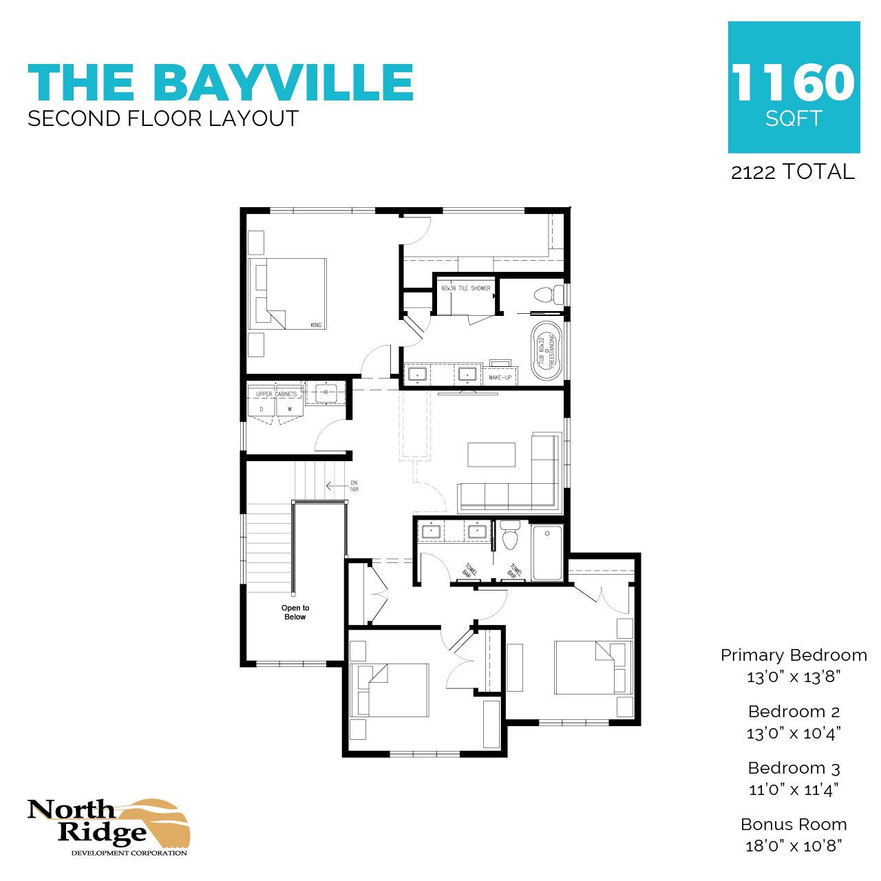 Shows second floor layout with 3 bedrooms, two bathrooms, upstairs laundry and bonus room.