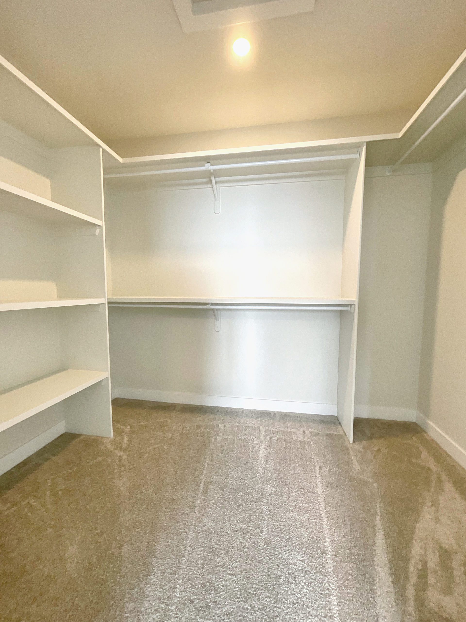 Empty primary walk-in closet with rods and shelves.