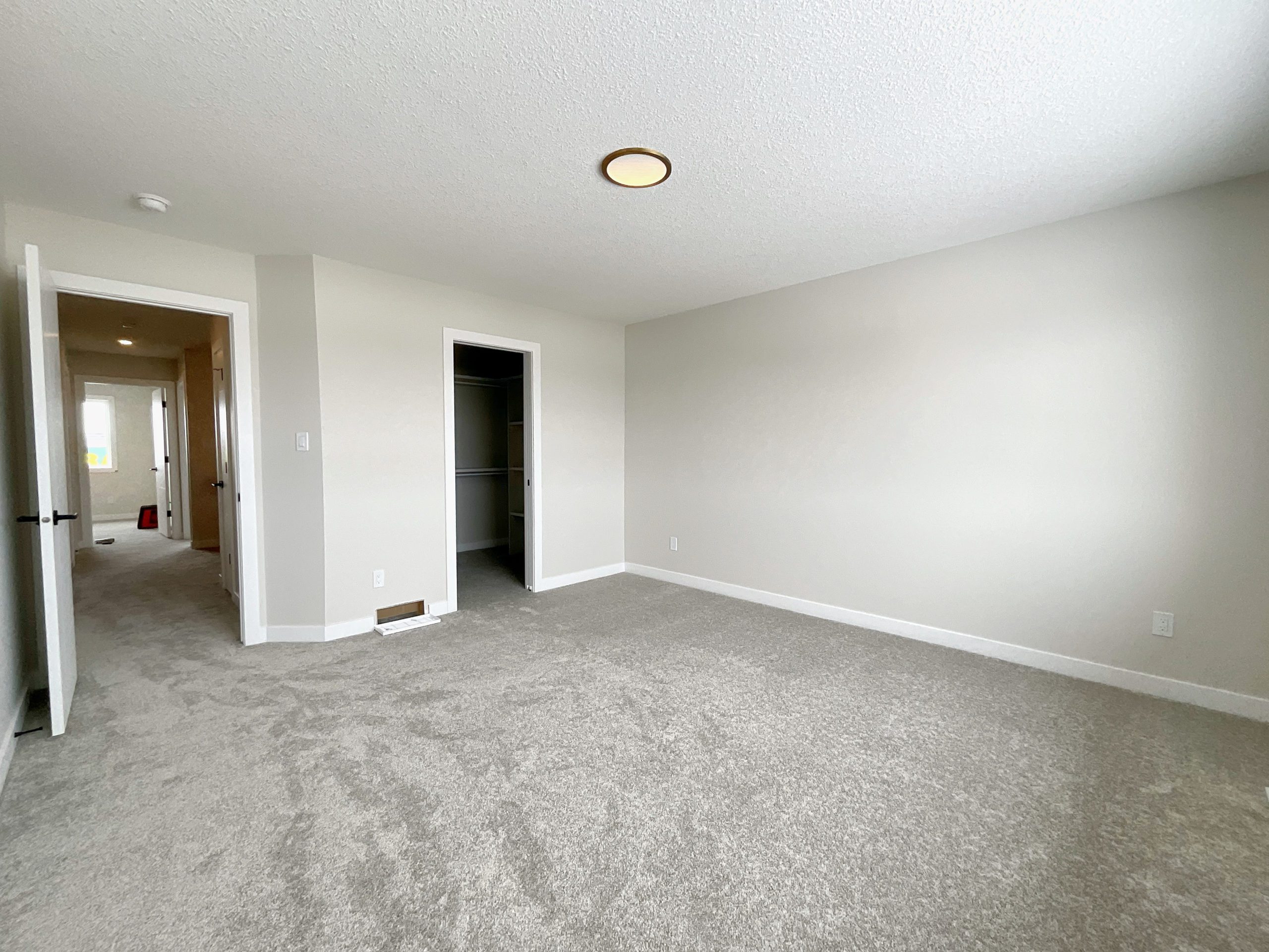 Show an empty primary bedroom with door to walk-in closet and door to hallway.