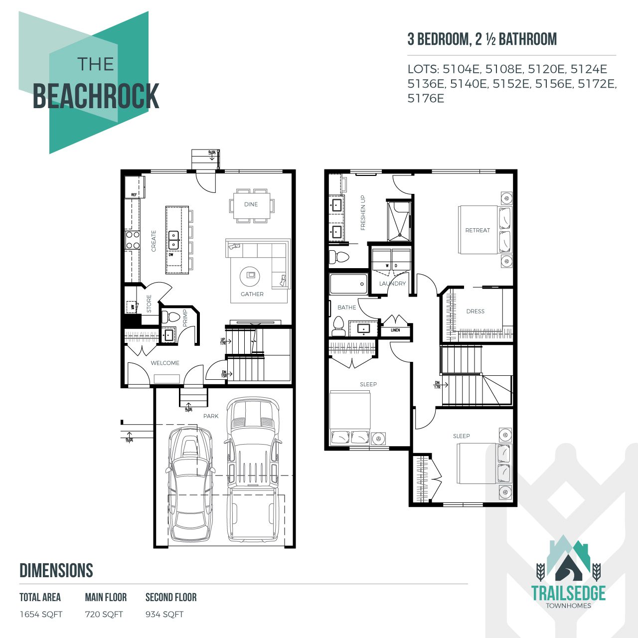 Shows the townhome floorplan layout for the Beachrock model. The main floor is an open-concept layout with living, dining and kitchen with corner pantry, there is a powder room off the entryway and an attached front-drive double-car garage. The second level shows three bedrooms, two bathrooms and upstairs laundry room.