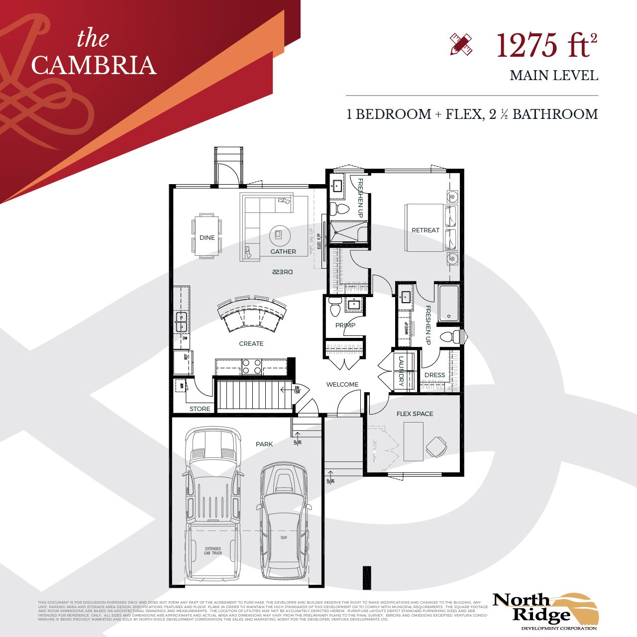 A floor plan for a one bedroom, two-ensuite, flex room, bungalow.