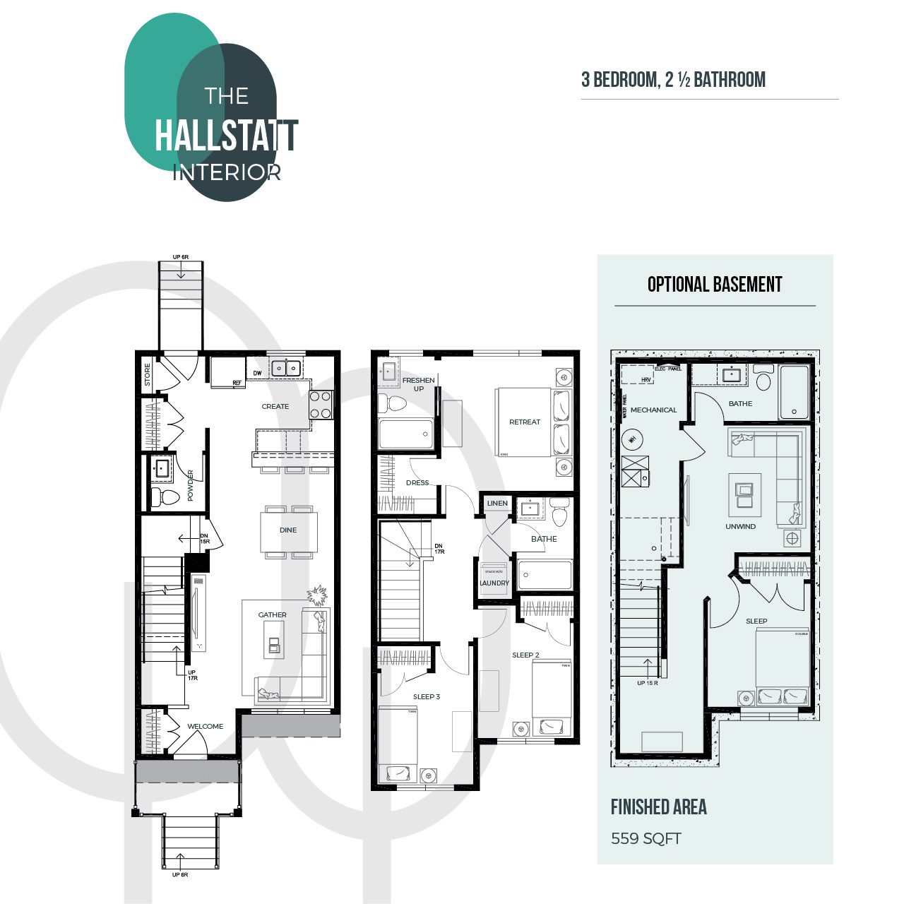 A floor plan of a three bedroom, two and a half bathroom, two-storey townhouse.