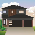 A Pilot Butte two-storey home with a driveway is depicted in a drawing.