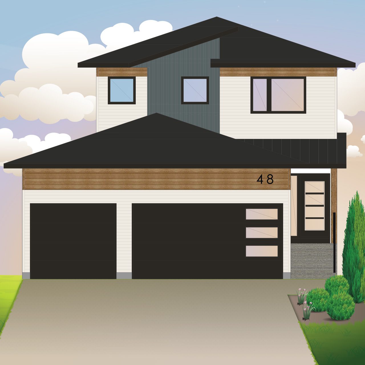 A Pilot Butte two-storey home with a driveway drawing.