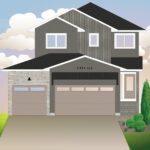A two-storey home in Pilot Butte with two garages and a garage door.