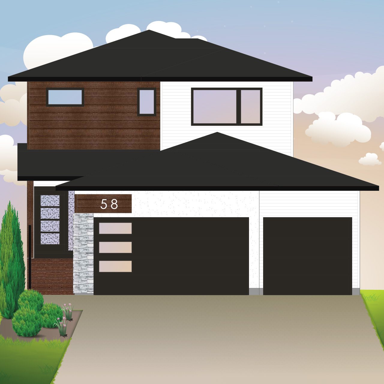 A two-storey home in Pilot Butte with two garages and a driveway.