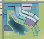 A site plan for a two-storey home in Pilot Butte with a lake and pond.