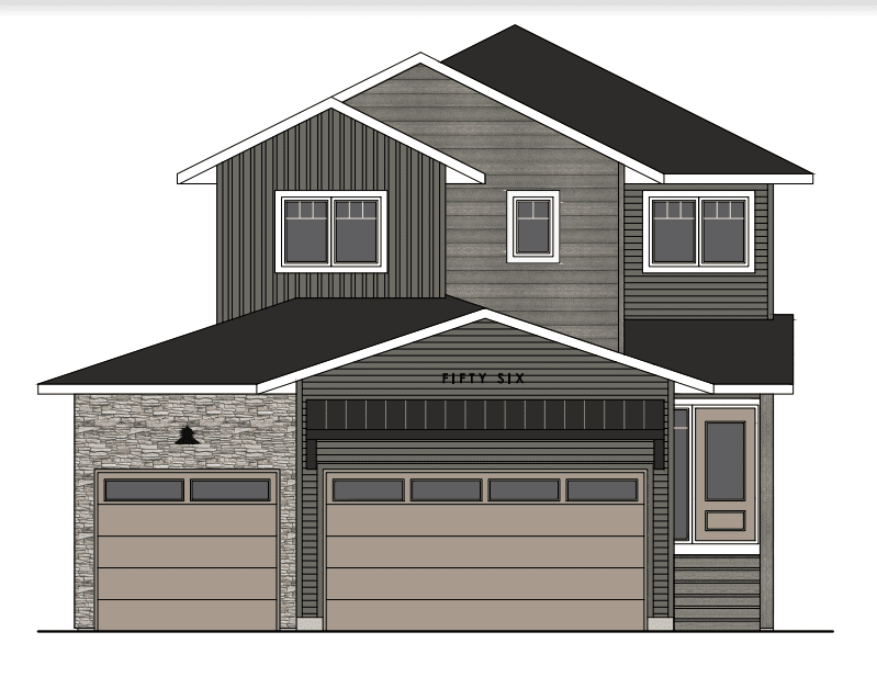 A rendering of a two-storey home with garages in Pilot Butte.