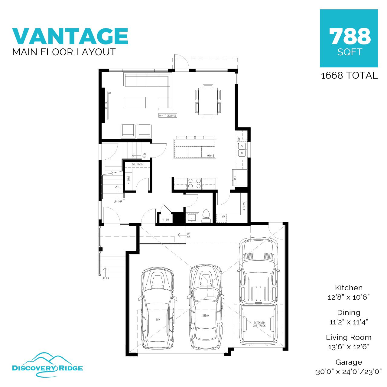 A floor plan depicting the main level of a two-storey home located in Pilot Butte.
