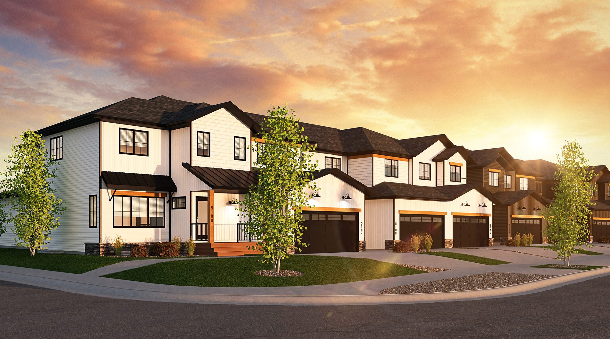 A rendering of a townhouse at sunset.