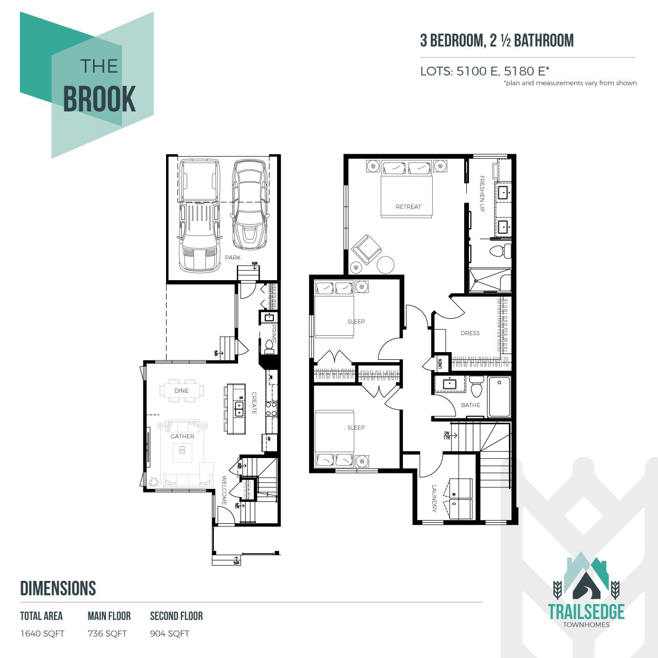 The brook floor plan with two bedrooms and two bathrooms.