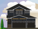 Illustration of a modern, dark blue two-storey home in Pilot Butte with three garage doors and a front porch. The house features white trim, black roofing, and a manicured shrub on the left side. The background displays clouds.