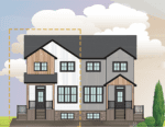 Illustration of a symmetrical two-story duplex with distinct paint colors, surrounded by cloud-filled sky and a tree on the right.