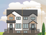 Illustration of a two-story duplex with contrasting white and gray siding, gabled roofs, and two separate entrances. A tree is visible on the right side.