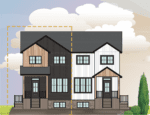 Illustration of two modern townhouses side by side, one with black and wood accents, the other with white and wood accents, under a cloudy sky.